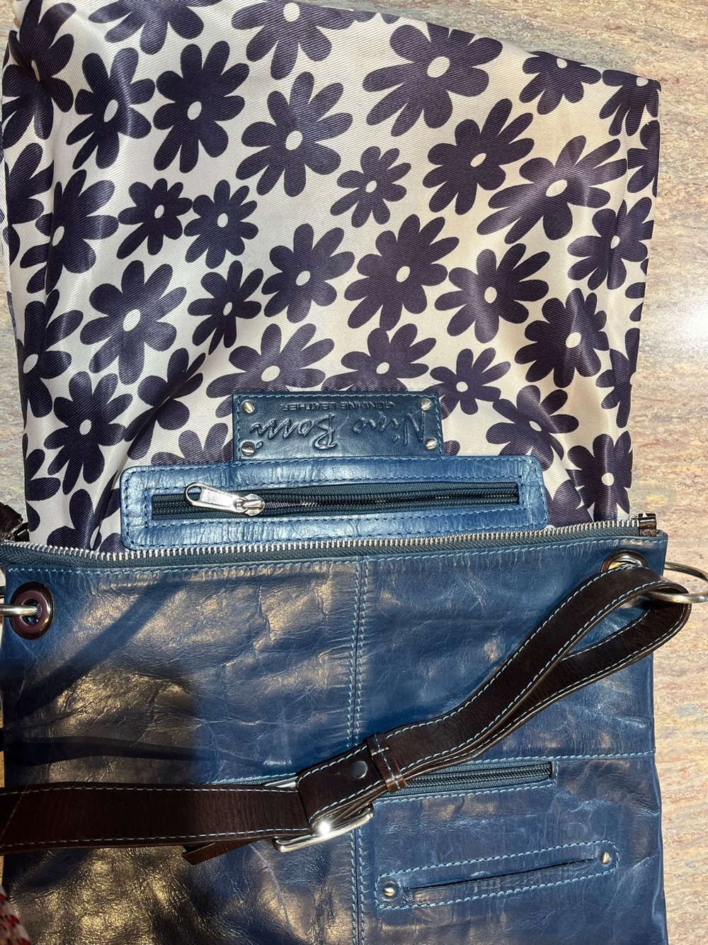 Nino BOSSI Women's Navy Leather Crossbody Bag, Dark Brown Leather Trim EUC - Picture 4 of 11
